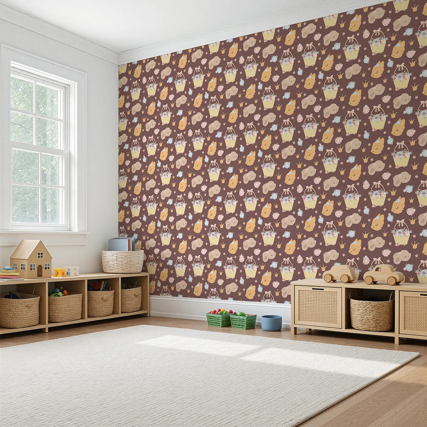 Angled view of Whimsy Tots' Blossom Basket Friends Wallpaper in Cocoa Blush Brown (W3122B).Warm cocoa tones and sleepy forest friends create a snug storybook dream.