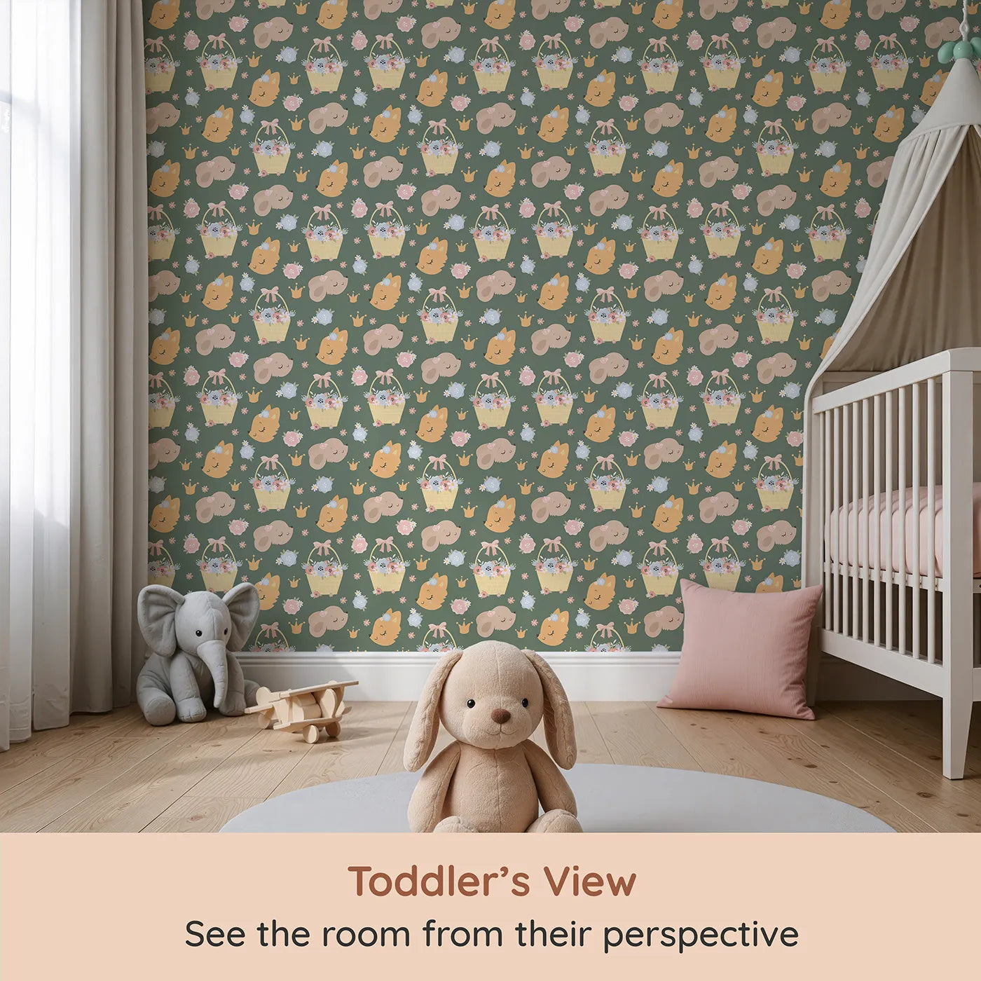 Whimsy Tots Blossom Basket Friends Wallpaper in Forest Meadow Green (W3122C) from your child's view.Sweet forest creatures and pastel blooms cozy up on deep green fields.