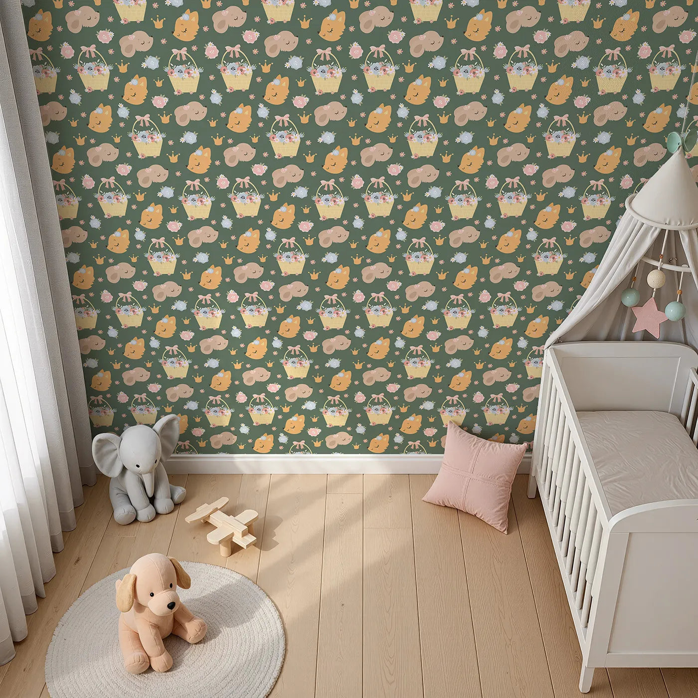 Top-Down view of Whimsy Tots' Blossom Basket Friends Wallpaper in Forest Meadow Green (W3122C).Sweet forest creatures and pastel blooms cozy up on deep green fields.