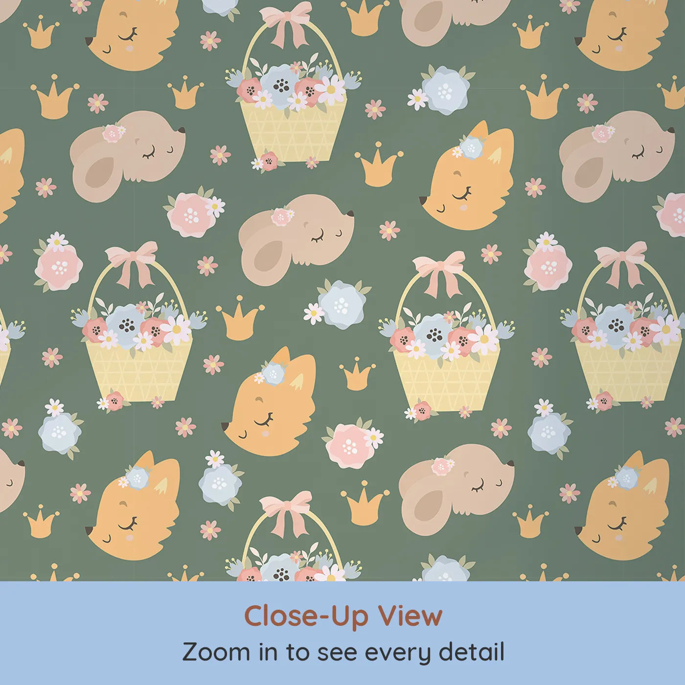 Close-up view of Whimsy Tots' Blossom Basket Friends Wallpaper in Forest Meadow Green (W3122C).Sweet forest creatures and pastel blooms cozy up on deep green fields.
