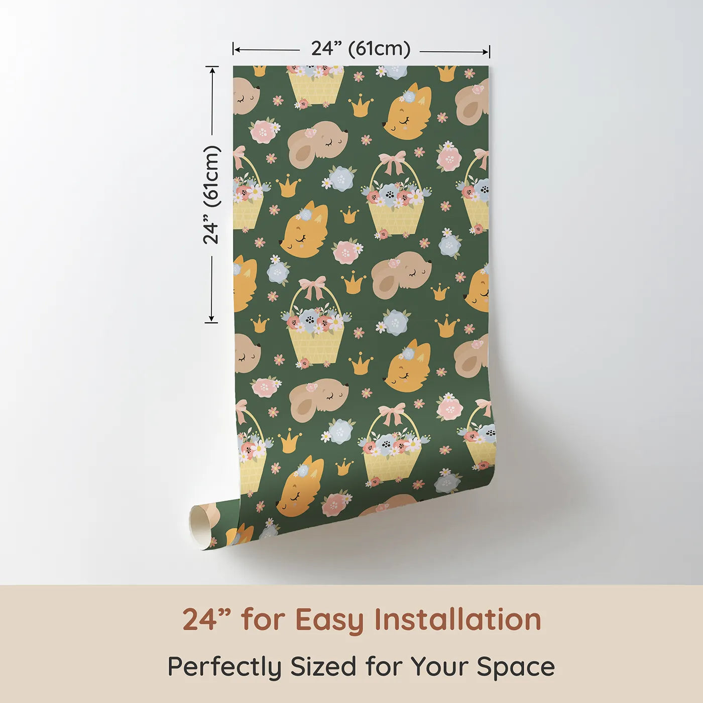 Dimension view of Whimsy Tots Blossom Basket Friends Wallpaper in Forest Meadow Green (W3122C). Printed in 24-inch-wide panel for easy installation. Sweet forest creatures and pastel blooms cozy up on deep green fields.