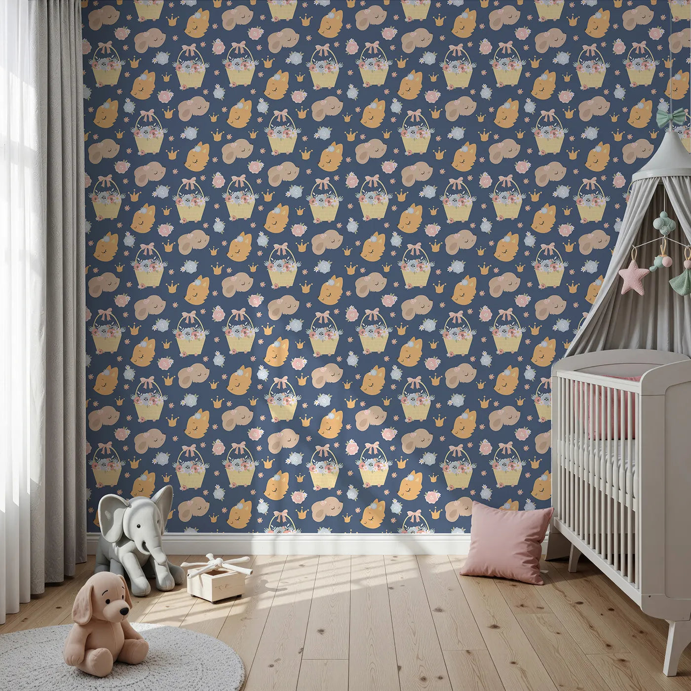 Front view of Whimsy Tots' Blossom Basket Friends Wallpaper in Twilight Blue