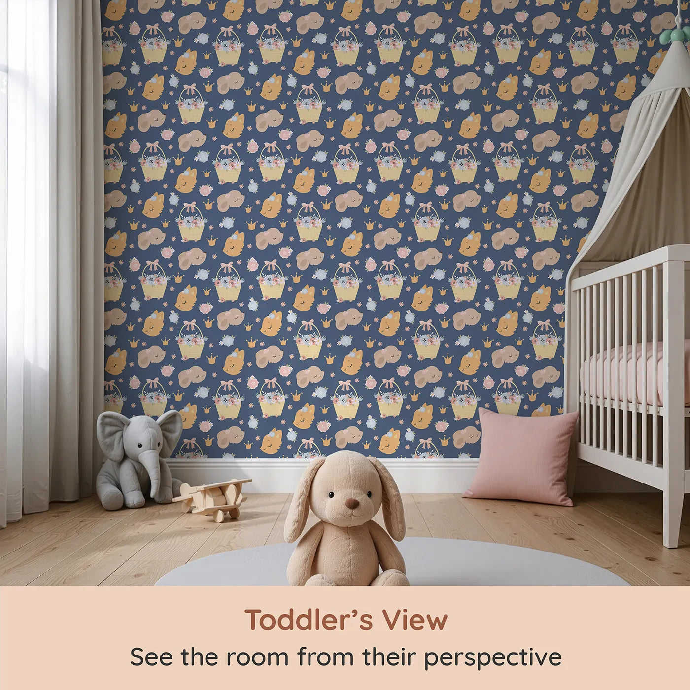 Whimsy Tots Blossom Basket Friends Wallpaper in Twilight Blue (W3122D) from your child's view.Gentle forest friends and pastel blooms nestle under a twilight sky.