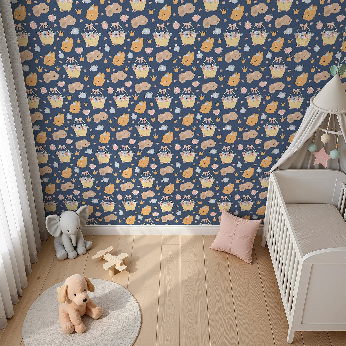 Top-Down view of Whimsy Tots' Blossom Basket Friends Wallpaper in Twilight Blue (W3122D).Gentle forest friends and pastel blooms nestle under a twilight sky.