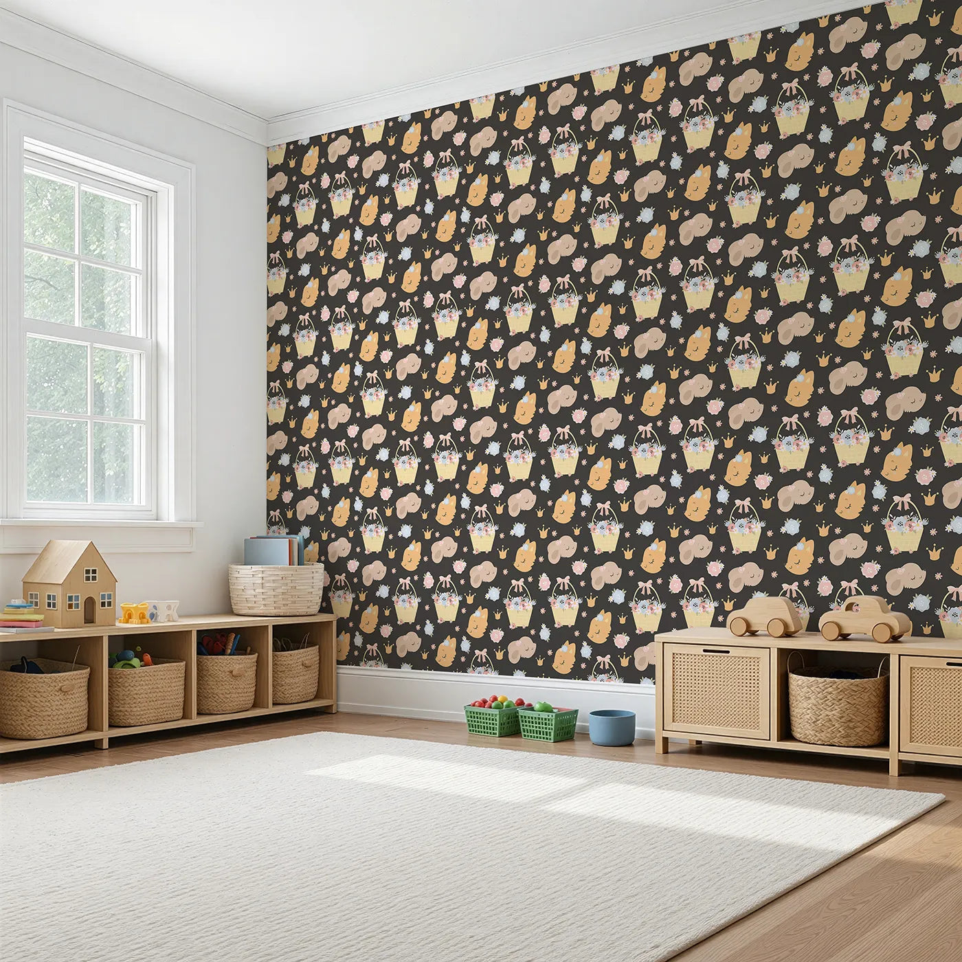 Angled view of Whimsy Tots' Blossom Basket Friends Wallpaper in Midnight Bloom (W3122E).Cuddly creatures and crown-topped florals glow against a midnight sky.