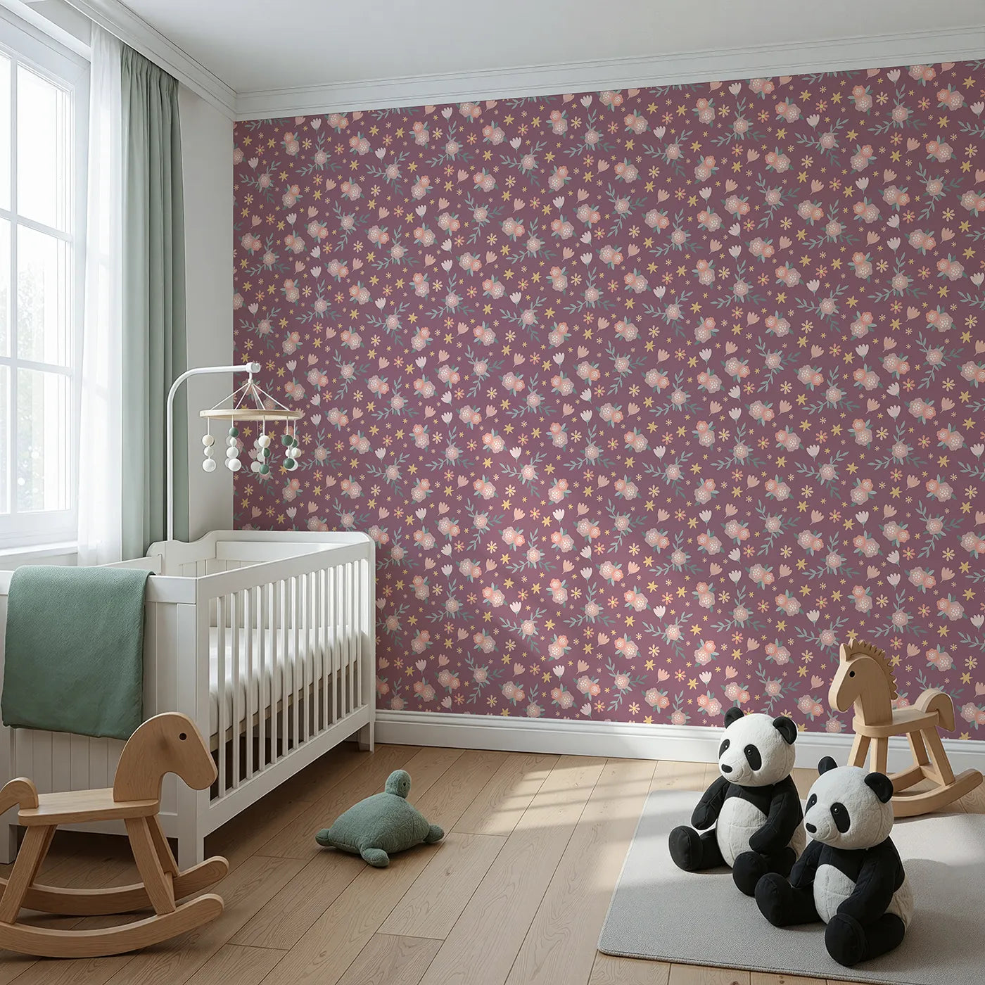 Angled view of Whimsy Tots' Twilight Garden Whimsy Wallpaper in Plum Blush Pink (W3123A).Scattered stars and sweet florals bloom across a magical plum sky.