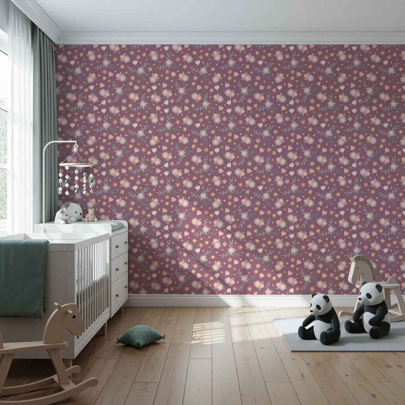 Front view of Whimsy Tots' Twilight Garden Whimsy Wallpaper in Plum Blush Pink