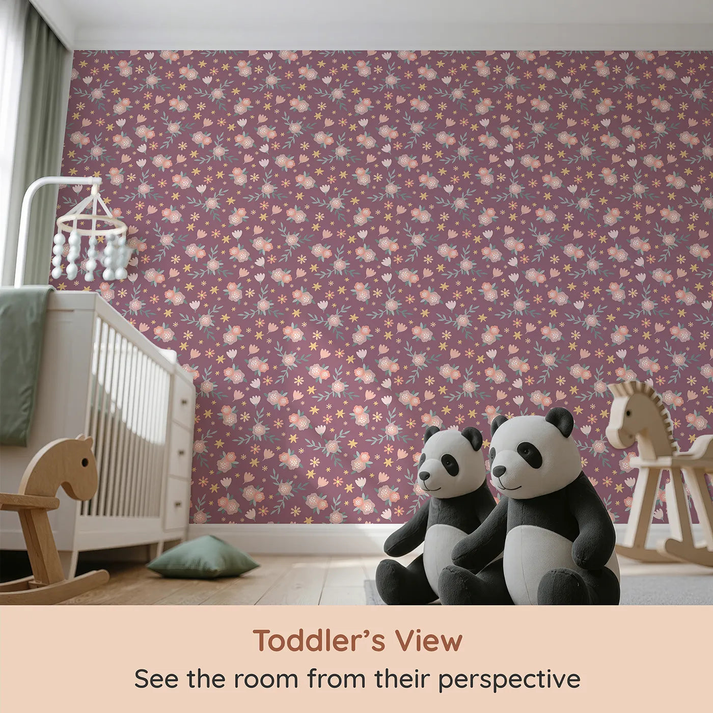 Whimsy Tots Twilight Garden Whimsy Wallpaper in Plum Blush Pink (W3123A) from your child's view.Scattered stars and sweet florals bloom across a magical plum sky.
