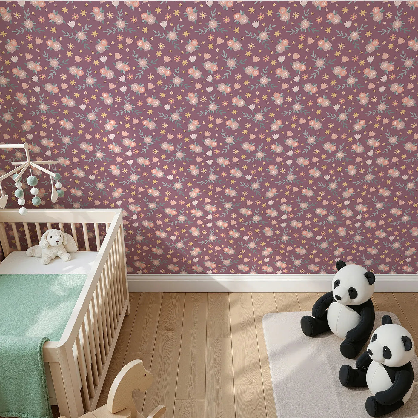 Top-Down view of Whimsy Tots' Twilight Garden Whimsy Wallpaper in Plum Blush Pink (W3123A).Scattered stars and sweet florals bloom across a magical plum sky.