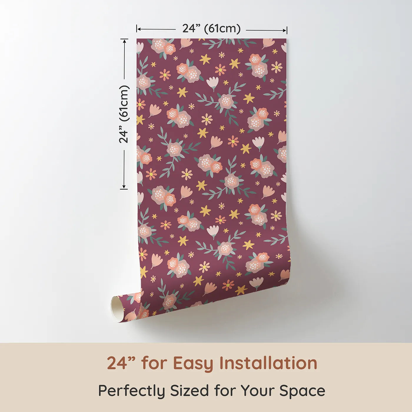 Dimension view of Whimsy Tots Twilight Garden Whimsy Wallpaper in Plum Blush Pink (W3123A). Printed in 24-inch-wide panel for easy installation. Scattered stars and sweet florals bloom across a magical plum sky.