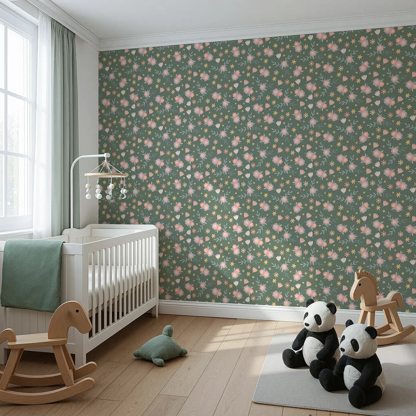 Angled view of Whimsy Tots' Twilight Garden Whimsy Wallpaper in Moss Bloom (W3123B).Pastel petals and glowing stars shimmer through a deep green garden.