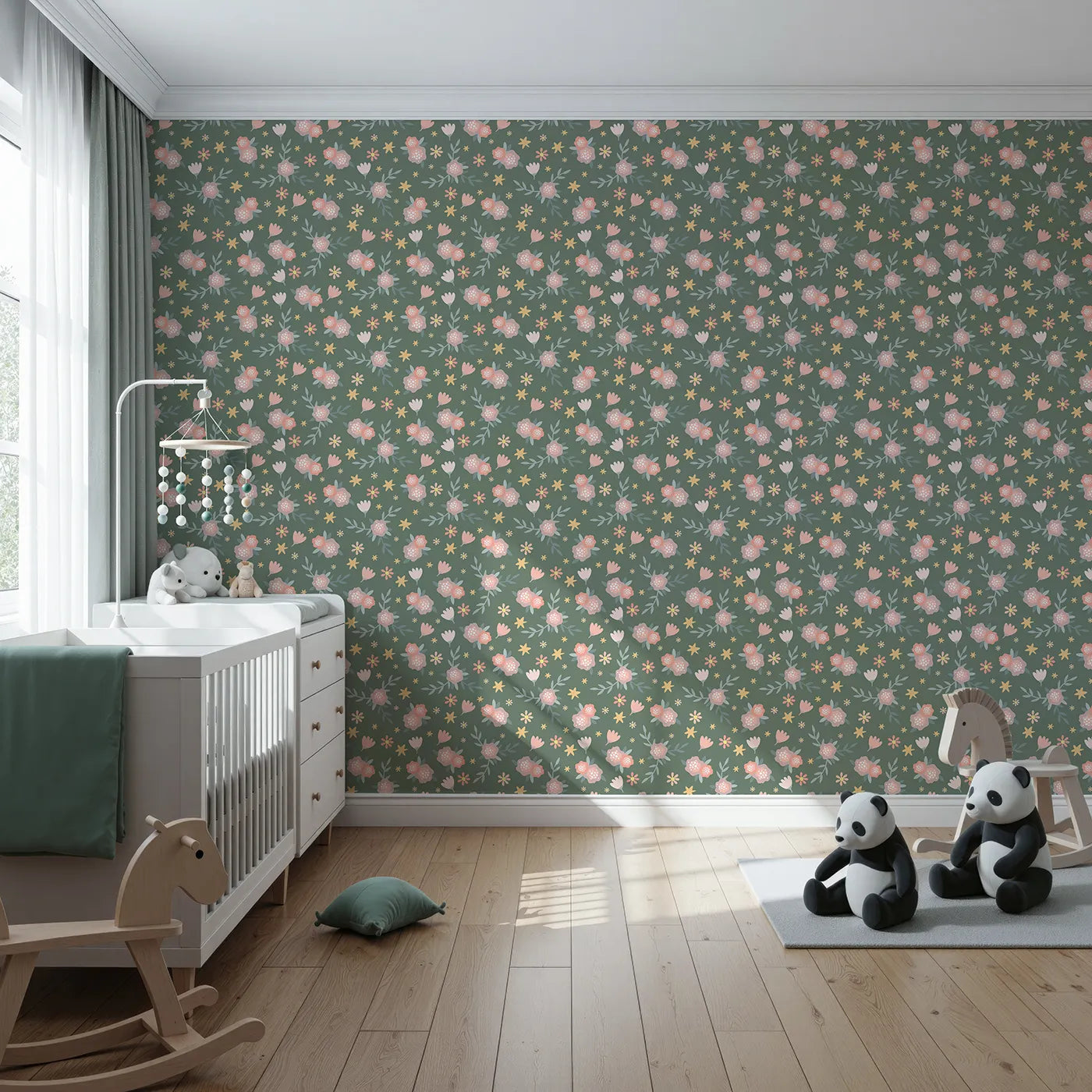 Front view of Whimsy Tots' Twilight Garden Whimsy Wallpaper in Moss Bloom