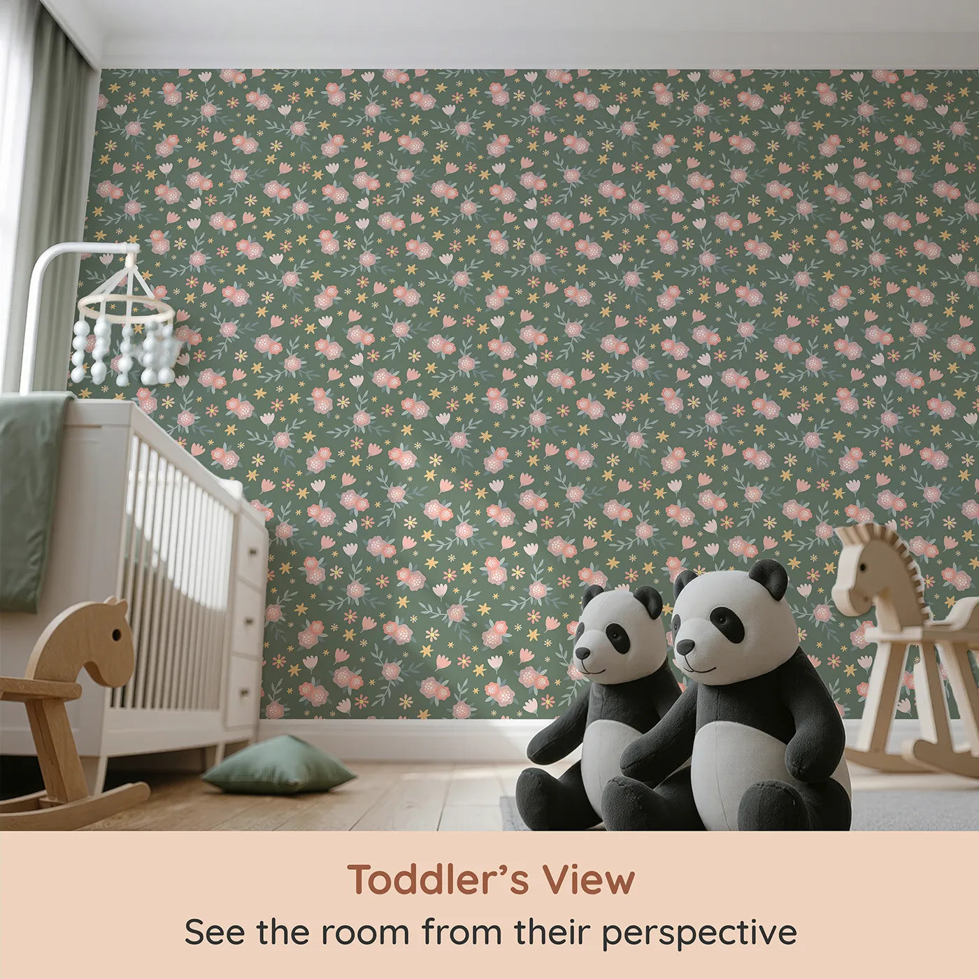 Whimsy Tots Twilight Garden Whimsy Wallpaper in Moss Bloom (W3123B) from your child's view.Pastel petals and glowing stars shimmer through a deep green garden.