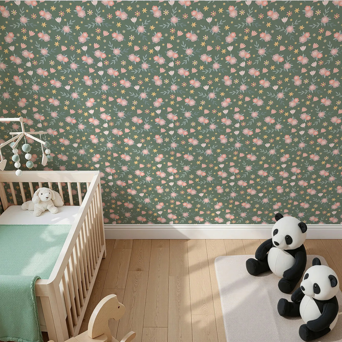 Top-Down view of Whimsy Tots' Twilight Garden Whimsy Wallpaper in Moss Bloom (W3123B).Pastel petals and glowing stars shimmer through a deep green garden.