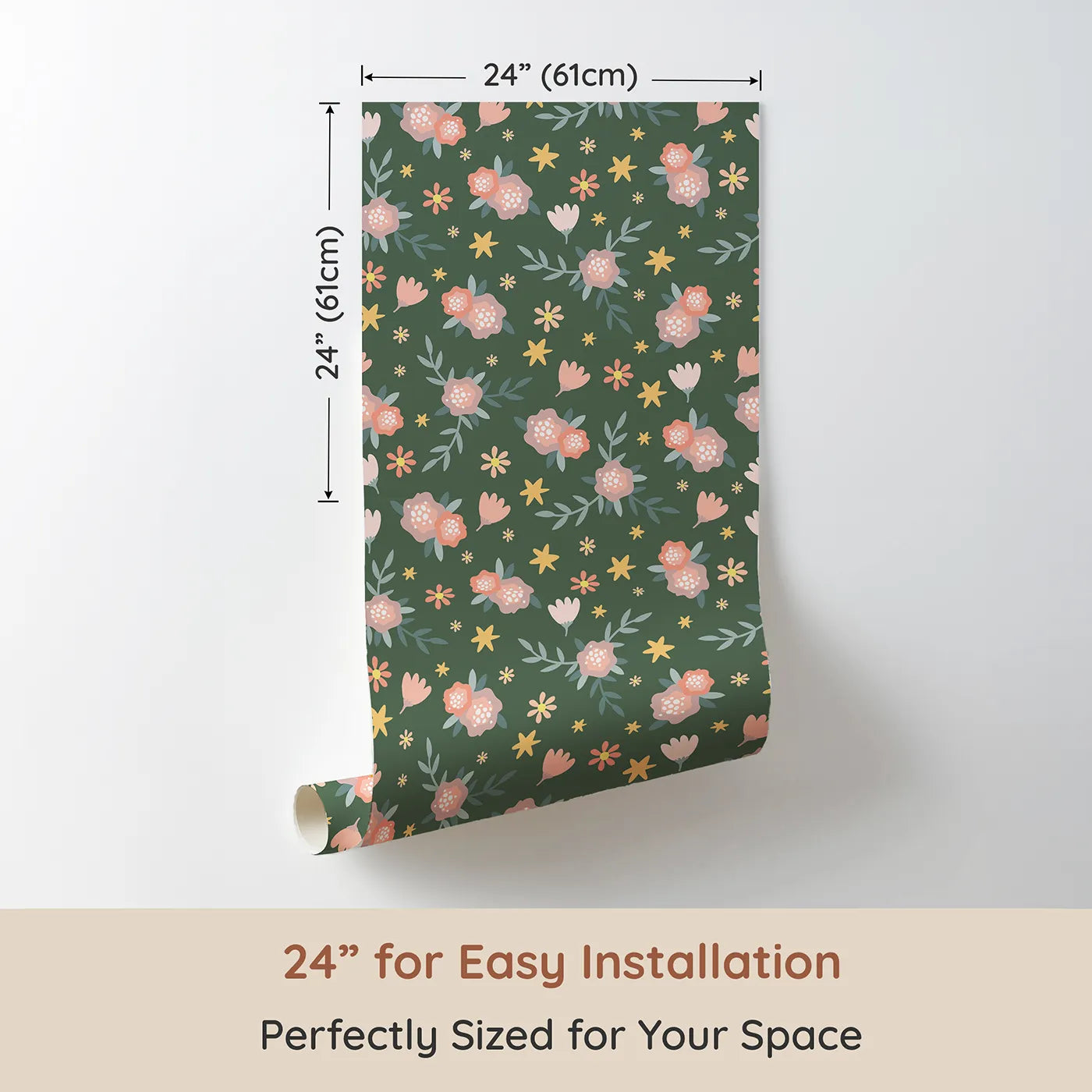 Dimension view of Whimsy Tots Twilight Garden Whimsy Wallpaper in Moss Bloom (W3123B). Printed in 24-inch-wide panel for easy installation. Pastel petals and glowing stars shimmer through a deep green garden.