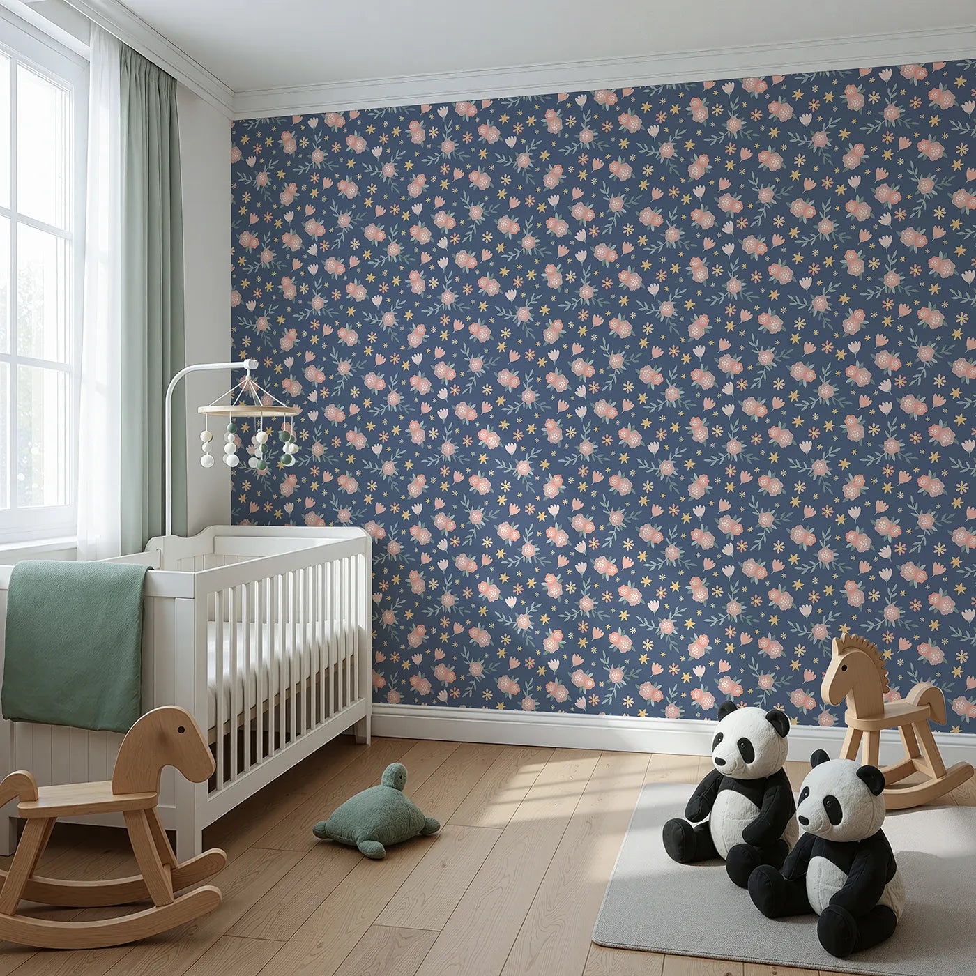 Angled view of Whimsy Tots' Twilight Garden Whimsy Wallpaper in Starry Blue (W3123C).Soft florals and golden stars shimmer across a dusky blue sky.