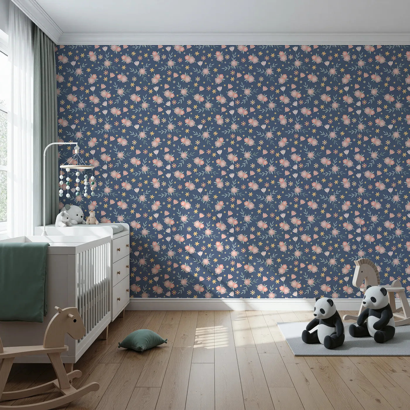 Front view of Whimsy Tots' Twilight Garden Whimsy Wallpaper in Starry Blue