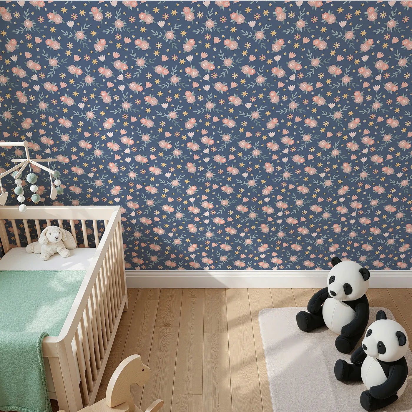 Top-Down view of Whimsy Tots' Twilight Garden Whimsy Wallpaper in Starry Blue (W3123C).Soft florals and golden stars shimmer across a dusky blue sky.