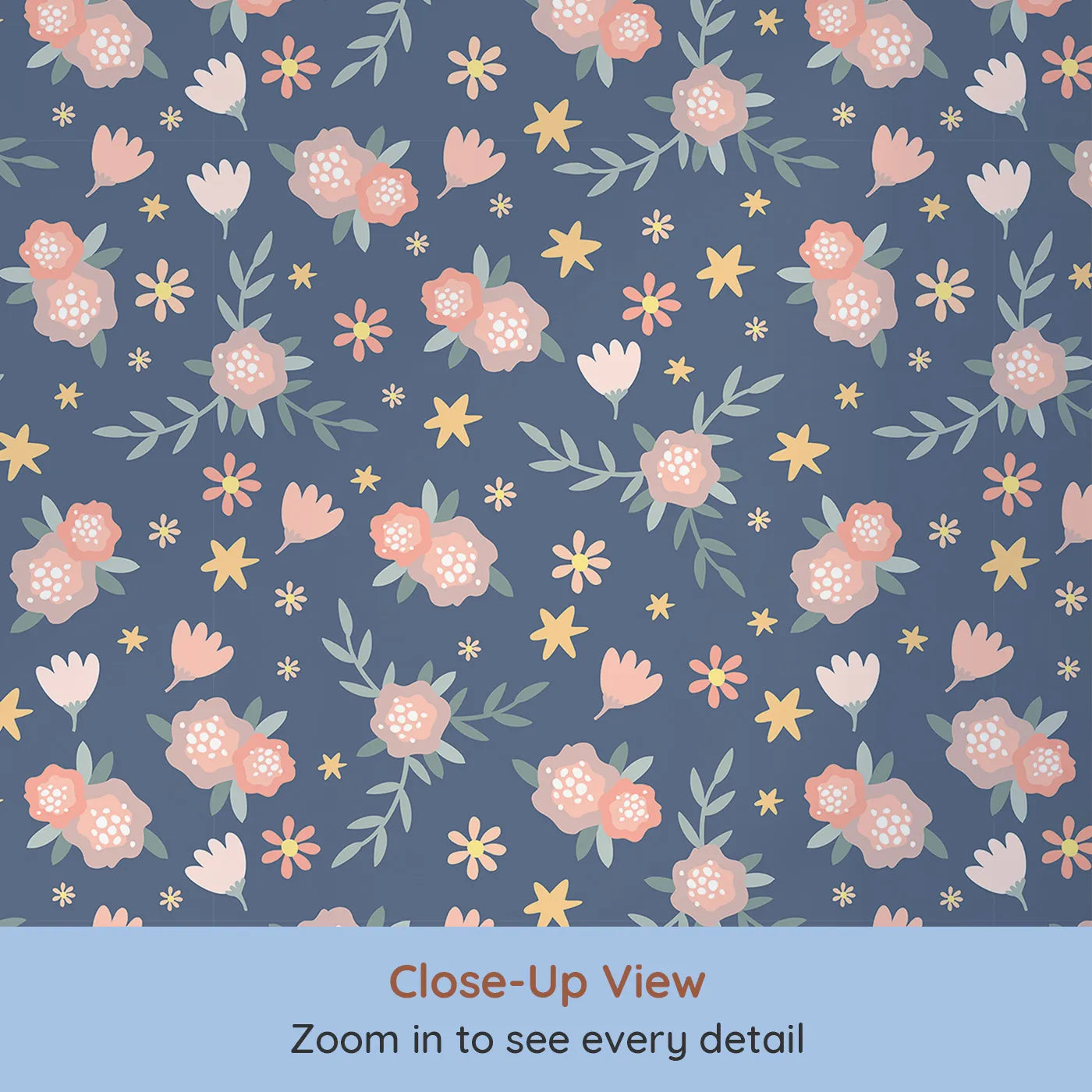 Close-up view of Whimsy Tots' Twilight Garden Whimsy Wallpaper in Starry Blue (W3123C).Soft florals and golden stars shimmer across a dusky blue sky.