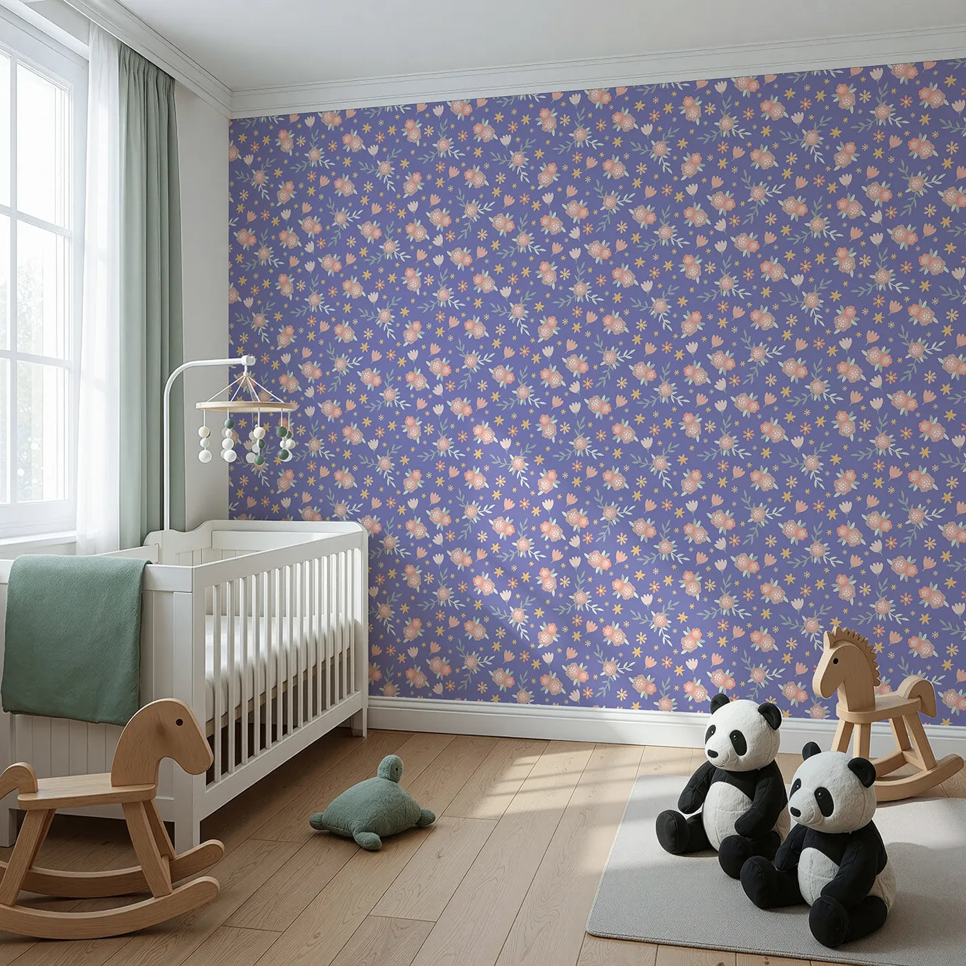 Angled view of Whimsy Tots' Twilight Garden Whimsy Wallpaper in Periwinkle Dream (W3123D).Petals and stars dance across a periwinkle sky full of wonder.