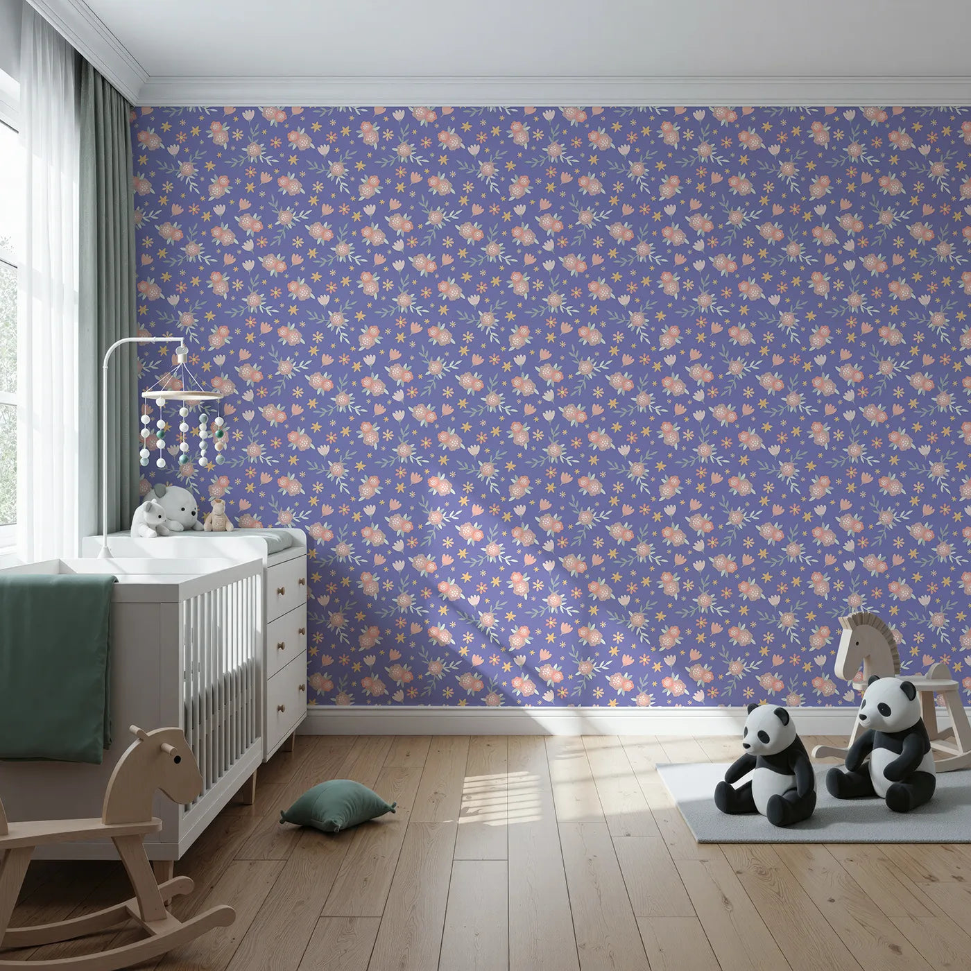 Front view of Whimsy Tots' Twilight Garden Whimsy Wallpaper in Periwinkle Dream