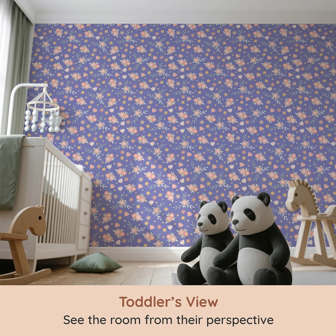 Whimsy Tots Twilight Garden Whimsy Wallpaper in Periwinkle Dream (W3123D) from your child's view.Petals and stars dance across a periwinkle sky full of wonder.