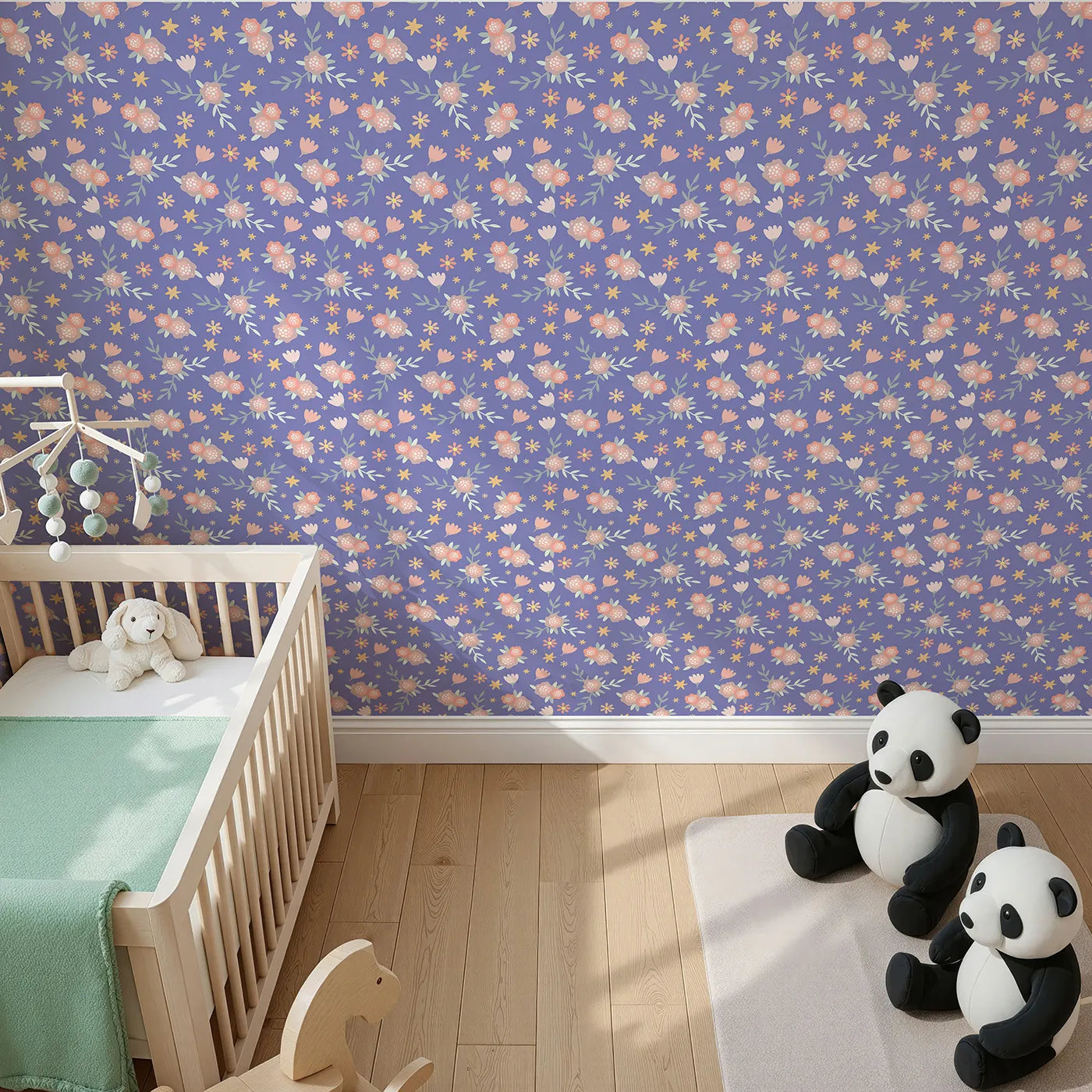 Top-Down view of Whimsy Tots' Twilight Garden Whimsy Wallpaper in Periwinkle Dream (W3123D).Petals and stars dance across a periwinkle sky full of wonder.
