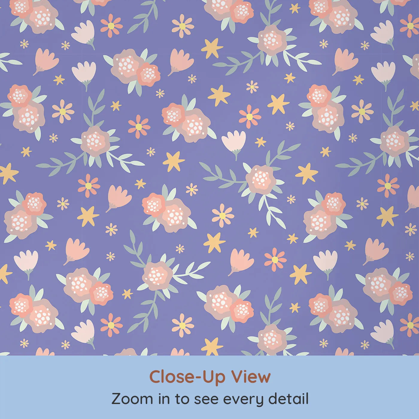 Close-up view of Whimsy Tots' Twilight Garden Whimsy Wallpaper in Periwinkle Dream (W3123D).Petals and stars dance across a periwinkle sky full of wonder.