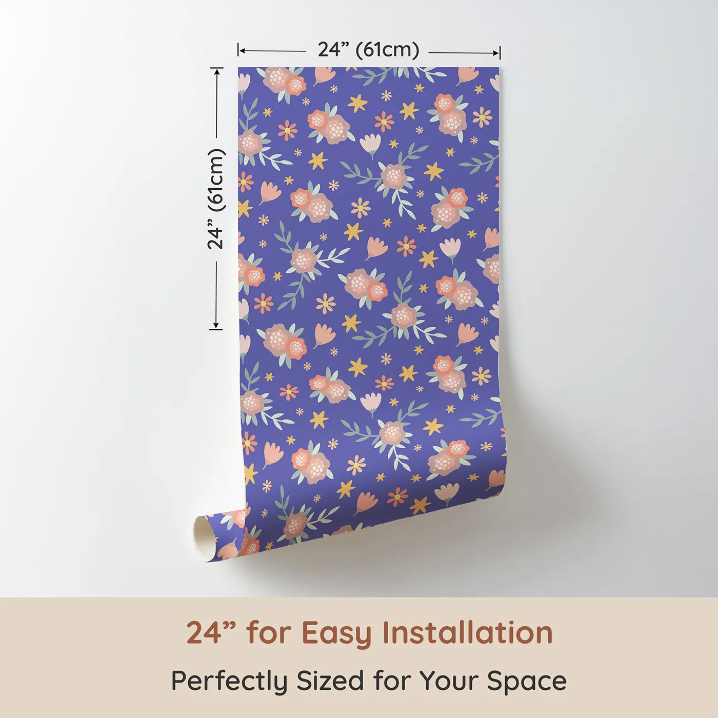 Dimension view of Whimsy Tots Twilight Garden Whimsy Wallpaper in Periwinkle Dream (W3123D). Printed in 24-inch-wide panel for easy installation. Petals and stars dance across a periwinkle sky full of wonder.