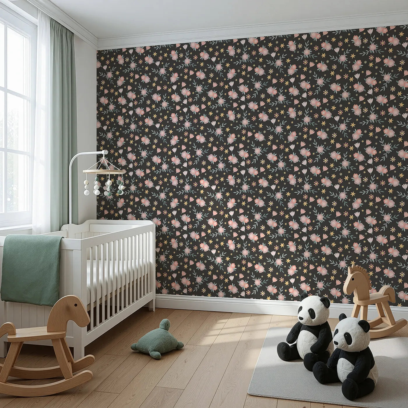 Angled view of Whimsy Tots' Twilight Garden Whimsy Wallpaper in Midnight Petal (W3123E).Delicate blooms and starlight dance across a midnight garden.