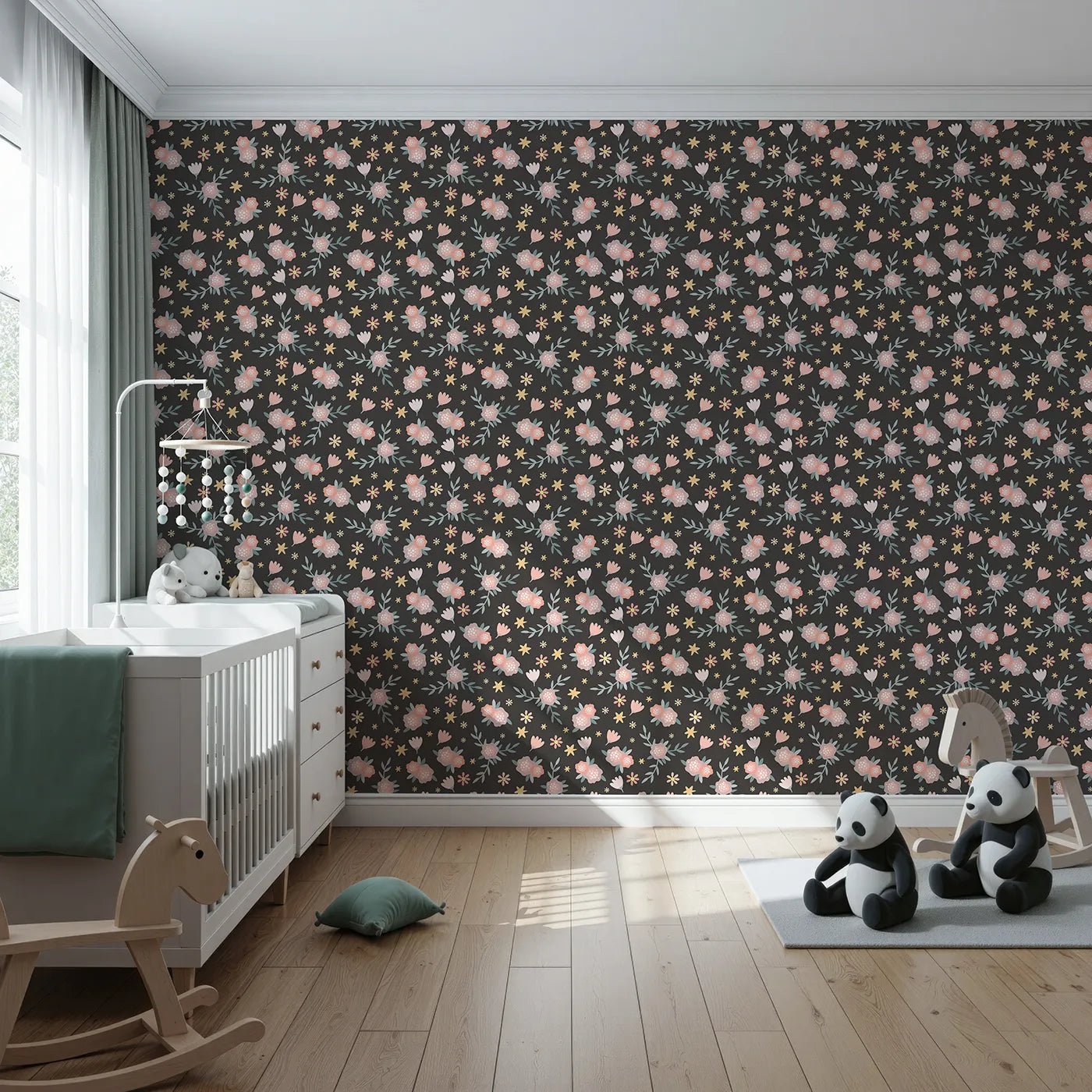 Front view of Whimsy Tots' Twilight Garden Whimsy Wallpaper in Midnight Petal