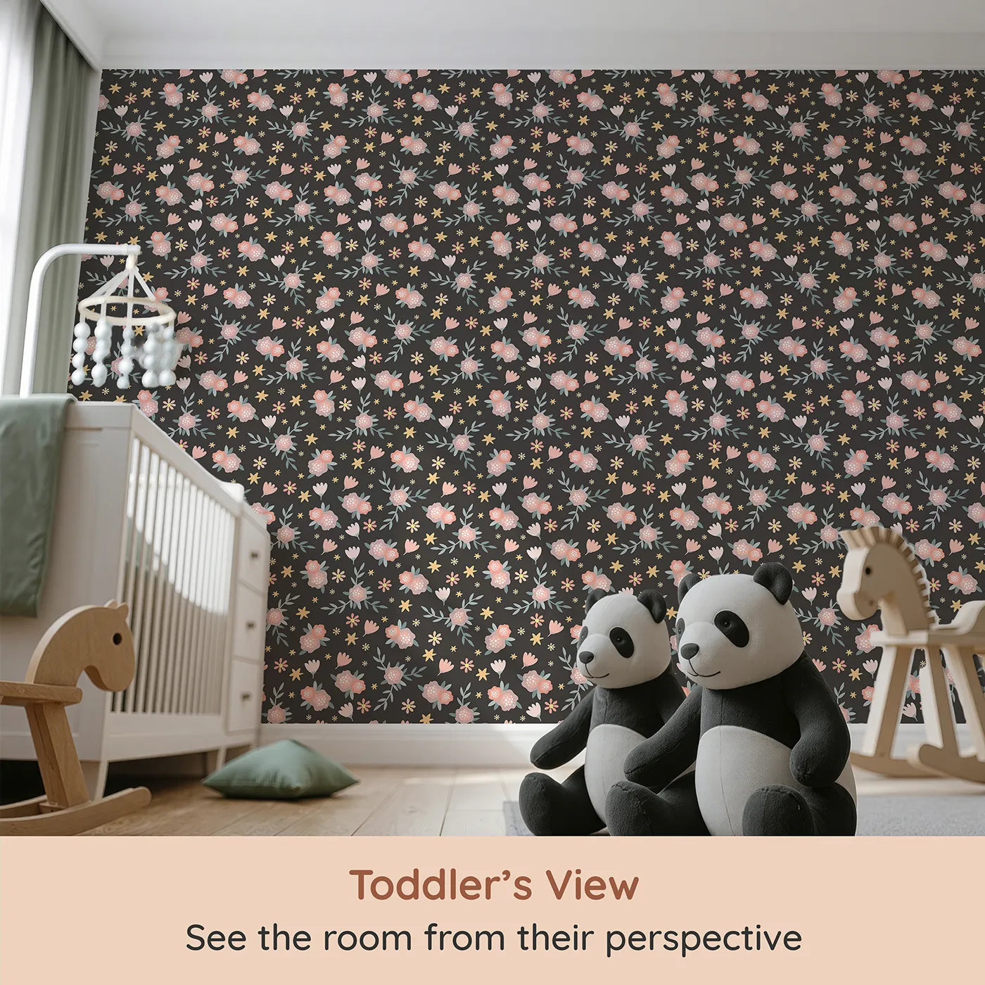 Whimsy Tots Twilight Garden Whimsy Wallpaper in Midnight Petal (W3123E) from your child's view.Delicate blooms and starlight dance across a midnight garden.