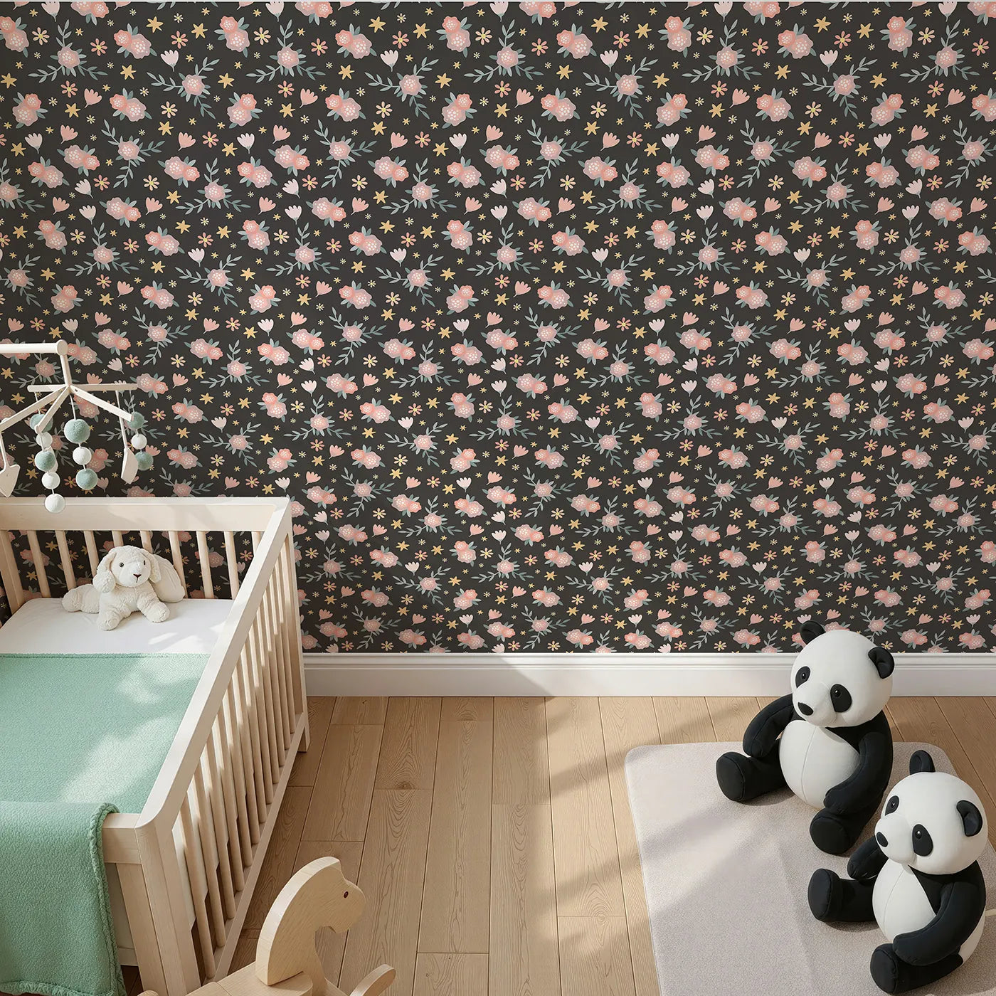 Top-Down view of Whimsy Tots' Twilight Garden Whimsy Wallpaper in Midnight Petal (W3123E).Delicate blooms and starlight dance across a midnight garden.