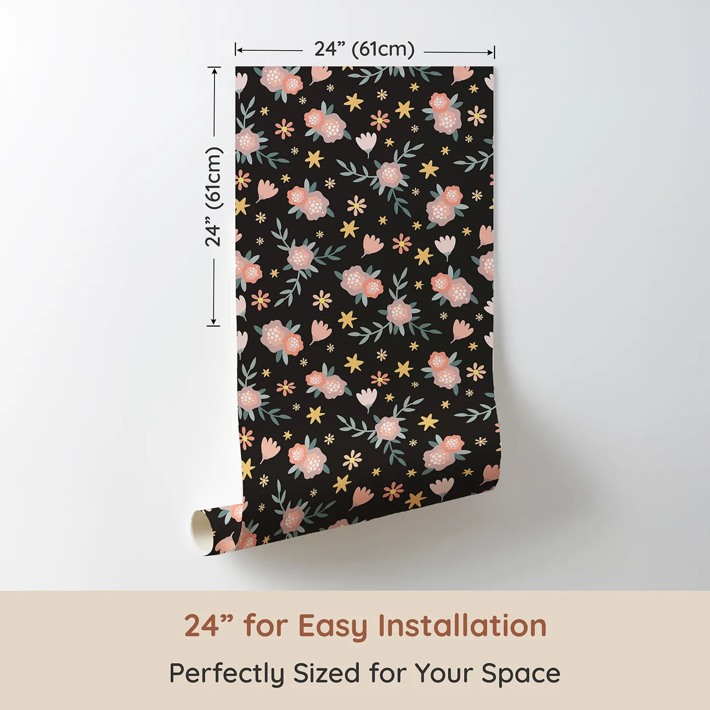 Dimension view of Whimsy Tots Twilight Garden Whimsy Wallpaper in Midnight Petal (W3123E). Printed in 24-inch-wide panel for easy installation. Delicate blooms and starlight dance across a midnight garden.