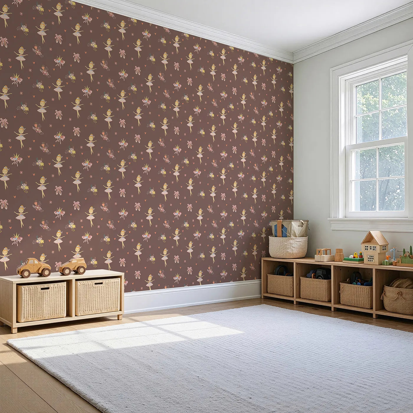 Angled view of Whimsy Tots' Blush Ballerina Dreams Wallpaper Pink (W3124A).Graceful ballerinas and crowns float across a cocoa-blush sky.