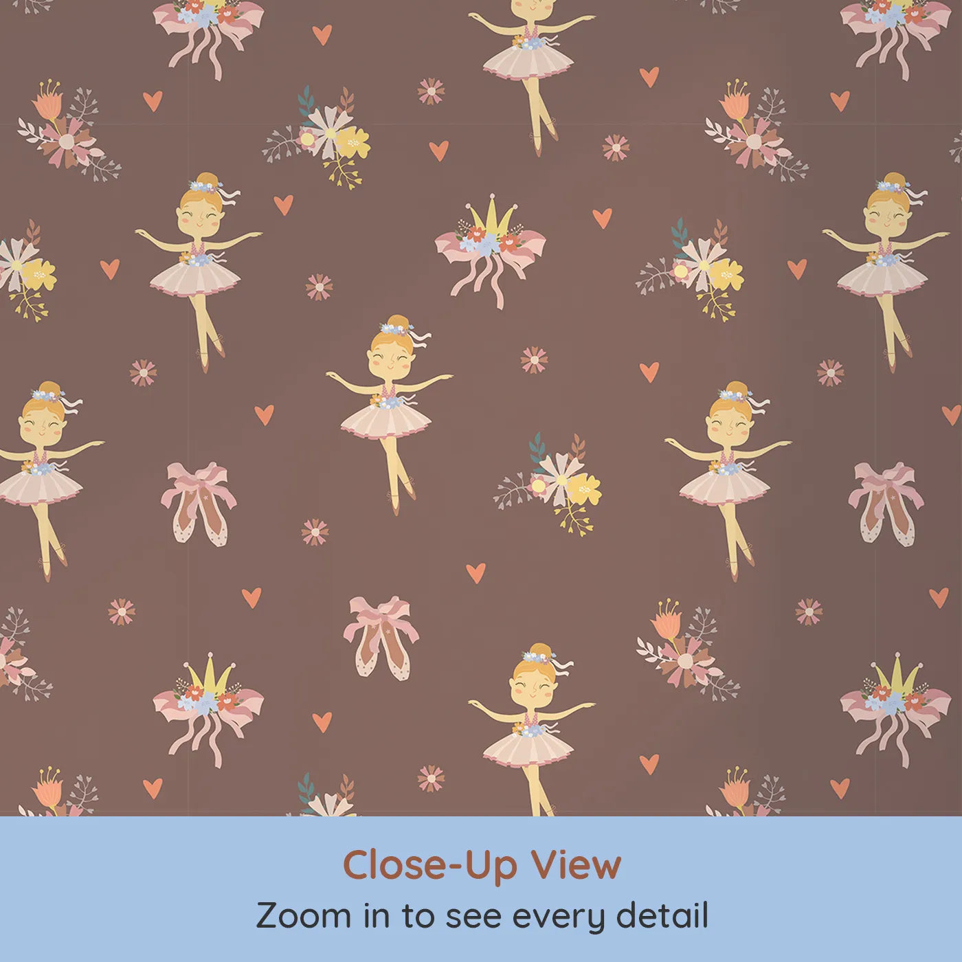 Close-up view of Whimsy Tots' Blush Ballerina Dreams Wallpaper Pink (W3124A).Graceful ballerinas and crowns float across a cocoa-blush sky.