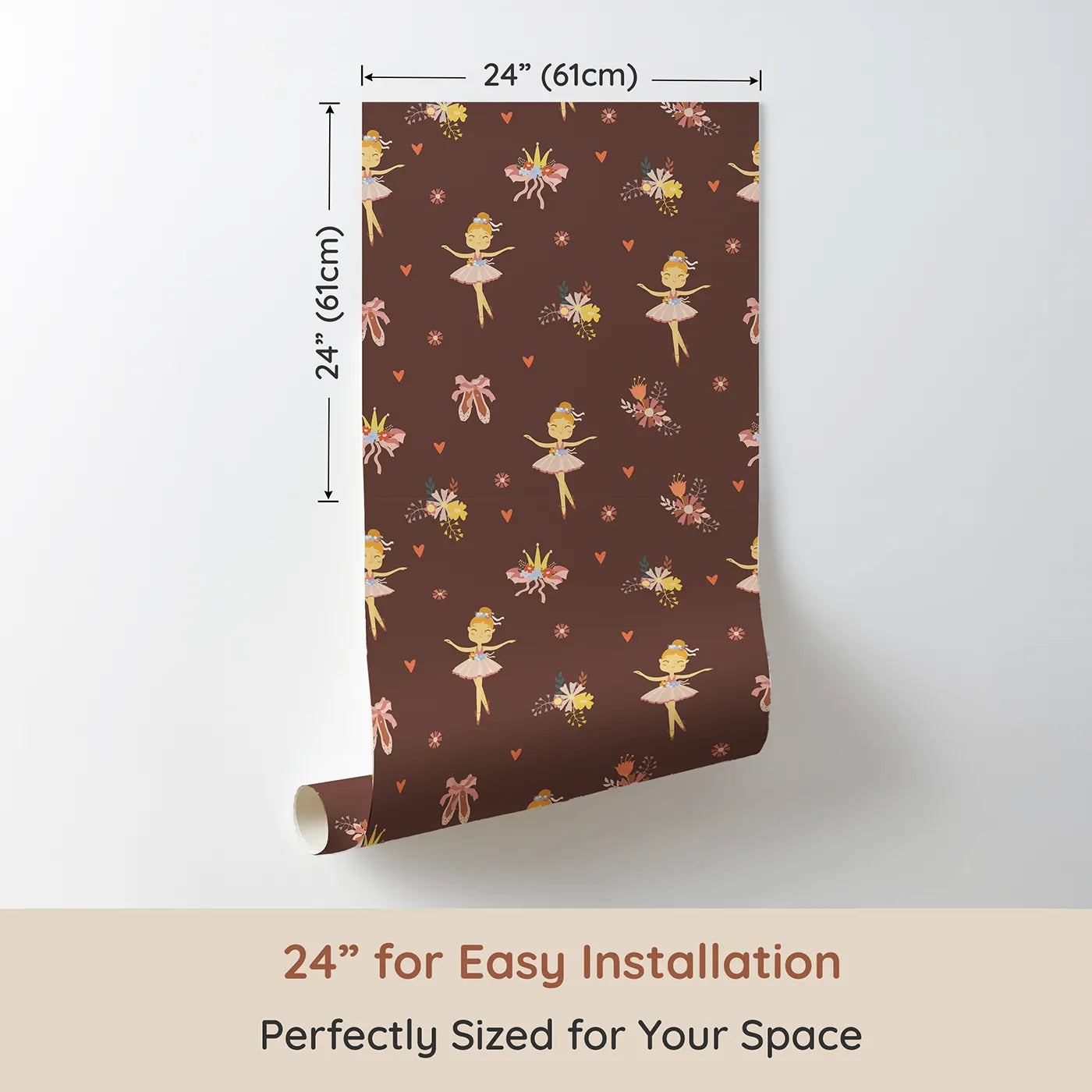 Dimension view of Whimsy Tots Blush Ballerina Dreams Wallpaper Pink (W3124A). Printed in 24-inch-wide panel for easy installation. Graceful ballerinas and crowns float across a cocoa-blush sky.