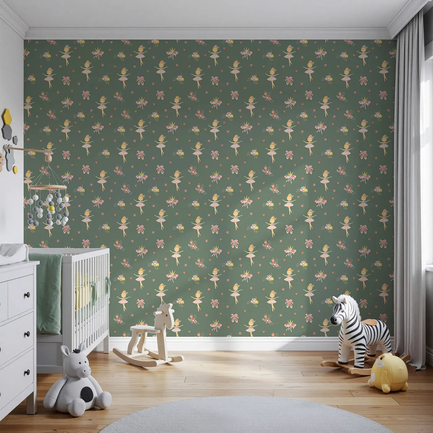 Front view of Whimsy Tots' Blush Ballerina Dreams Wallpaper in Forest Waltz Green