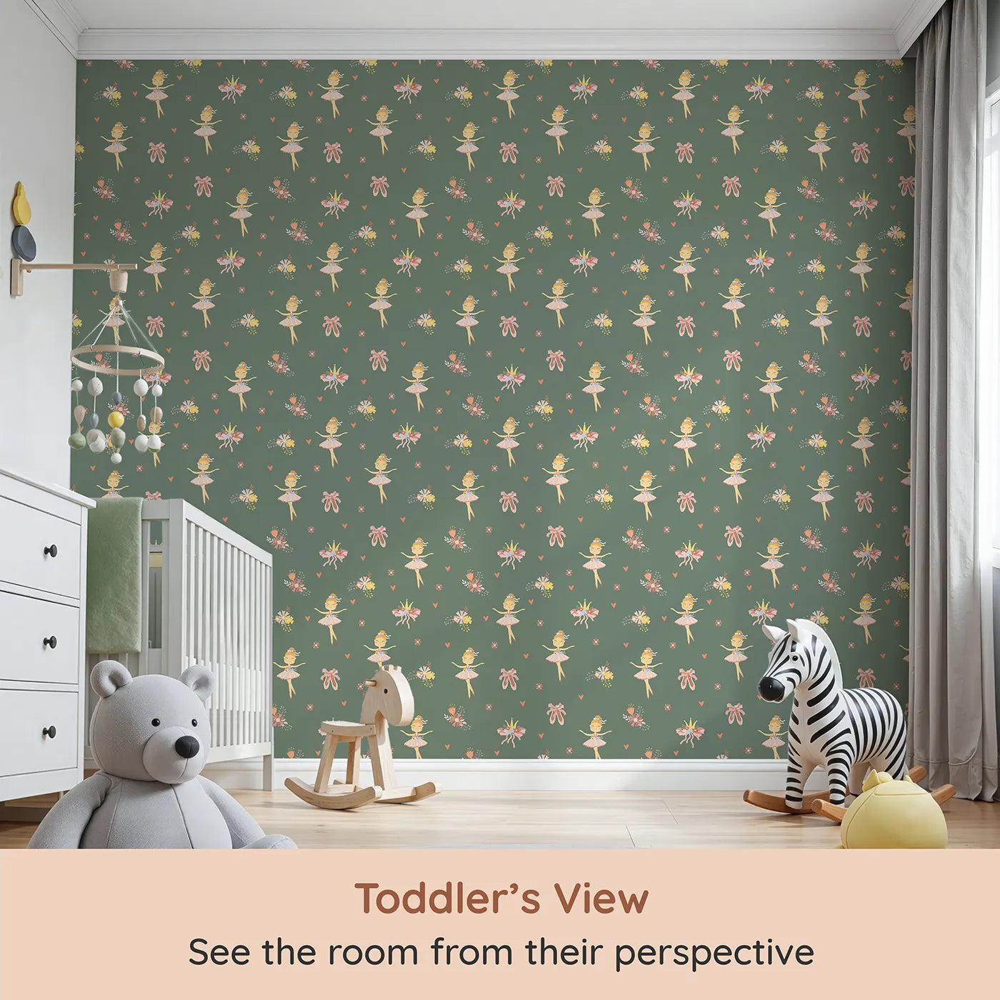 Whimsy Tots Blush Ballerina Dreams Wallpaper in Forest Waltz Green (W3124B) from your child's view.Tutus and crowns pirouette across a soft mossy green scene.