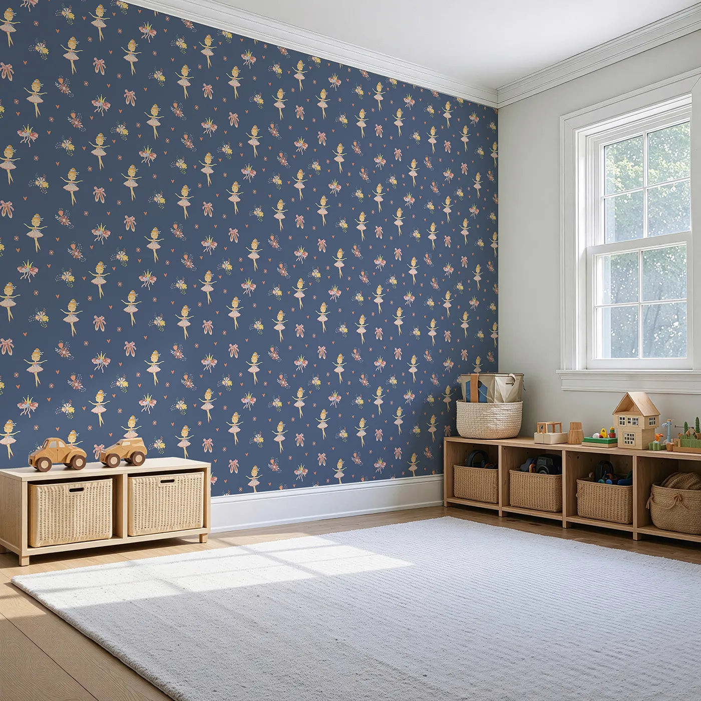 Angled view of Whimsy Tots' Blush Ballerina Dreams Wallpaper in Starlight Stage (W3124C).Soft tutus and crowns glide across a moonlit navy backdrop.