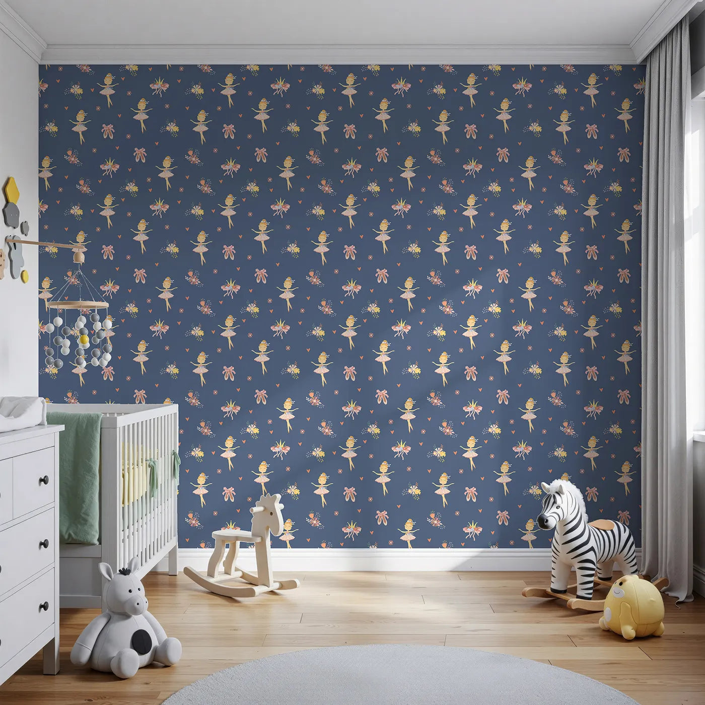 Front view of Whimsy Tots' Blush Ballerina Dreams Wallpaper in Starlight Stage