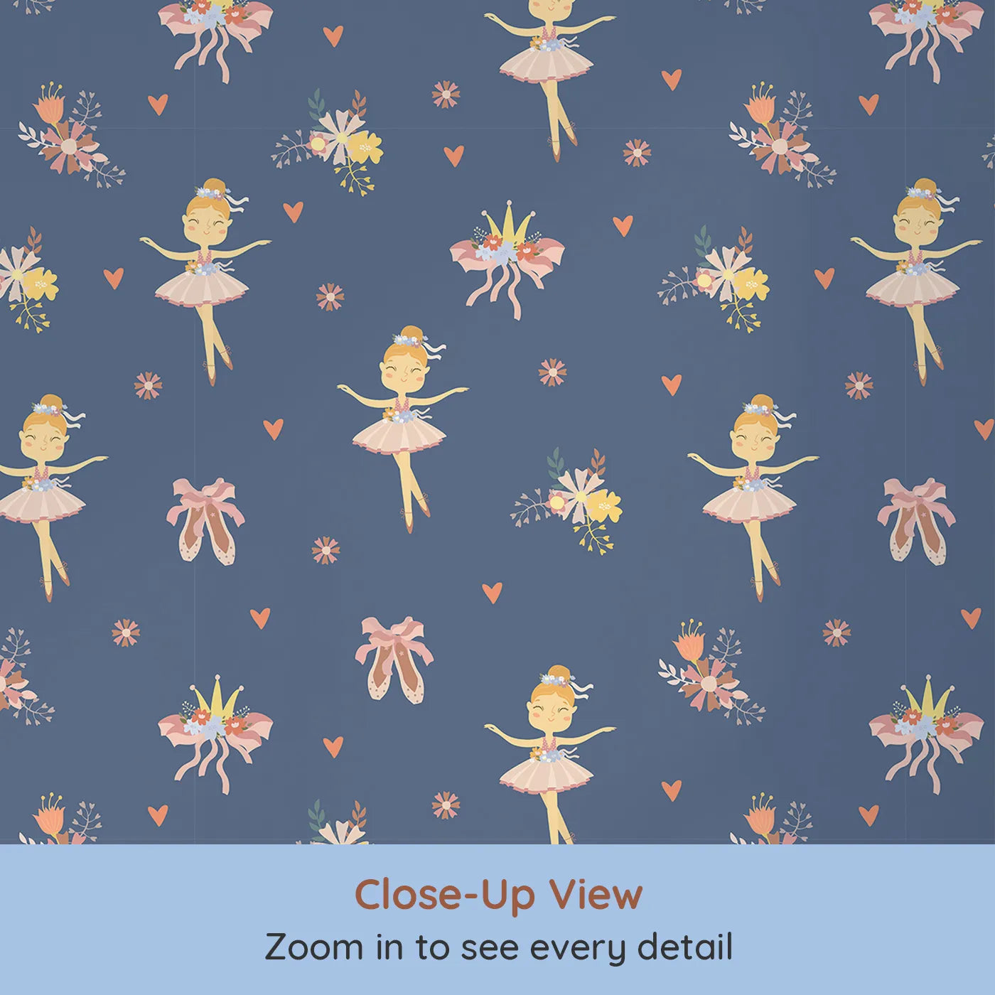 Close-up view of Whimsy Tots' Blush Ballerina Dreams Wallpaper in Starlight Stage (W3124C).Soft tutus and crowns glide across a moonlit navy backdrop.