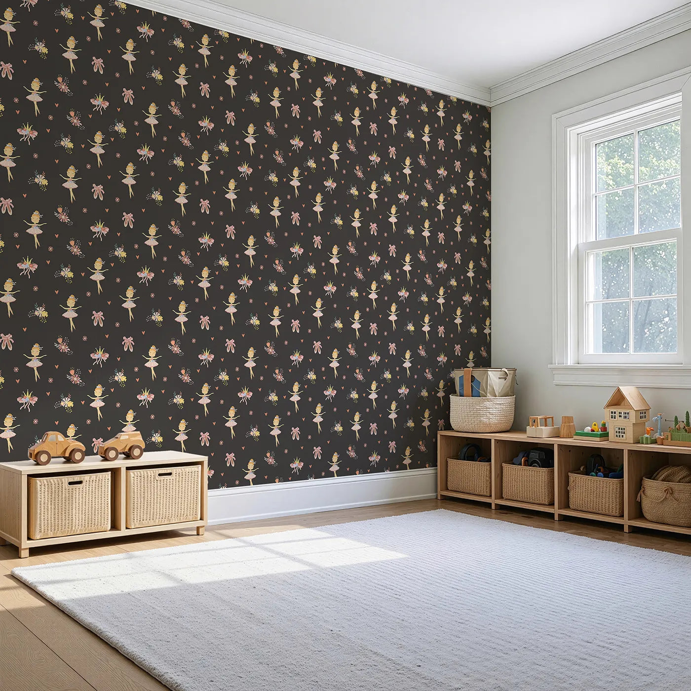 Angled view of Whimsy Tots' Blush Ballerina Dreams Wallpaper in Twilight Rehearsal (W3124D).Blushing tutus twirl softly across a deep twilight stage.