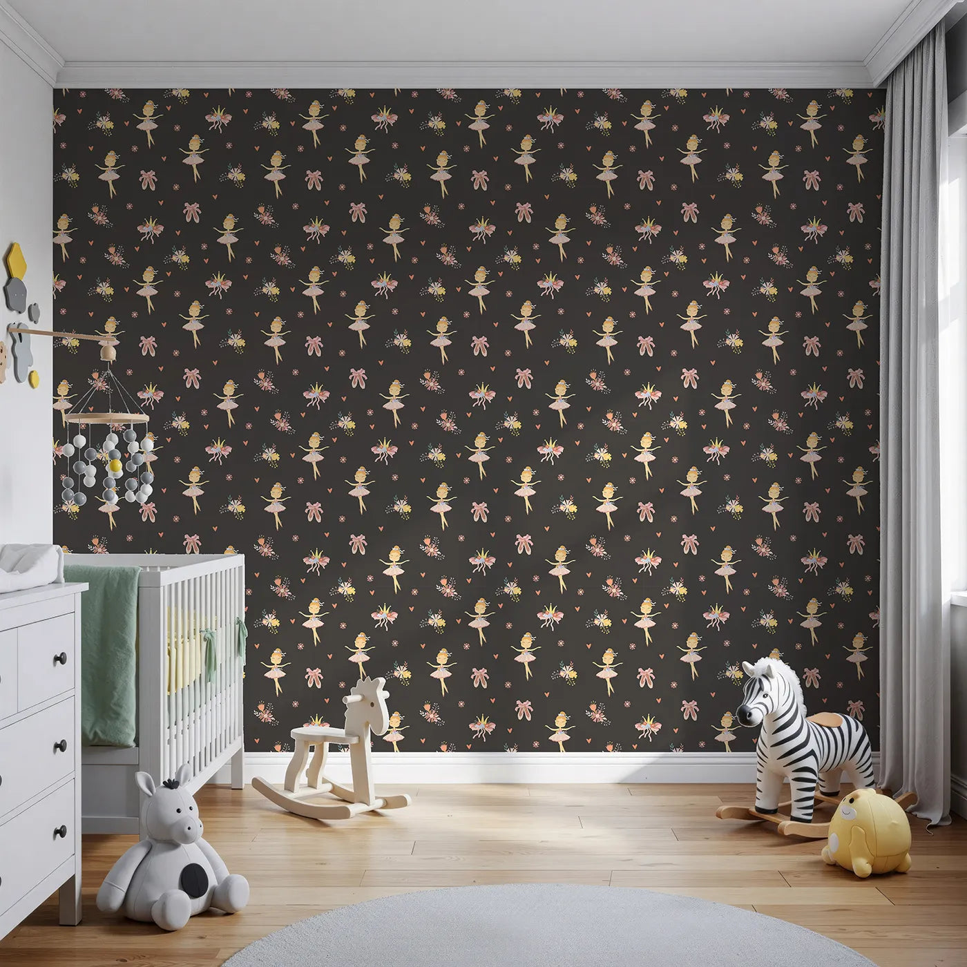 Front view of Whimsy Tots' Blush Ballerina Dreams Wallpaper in Twilight Rehearsal