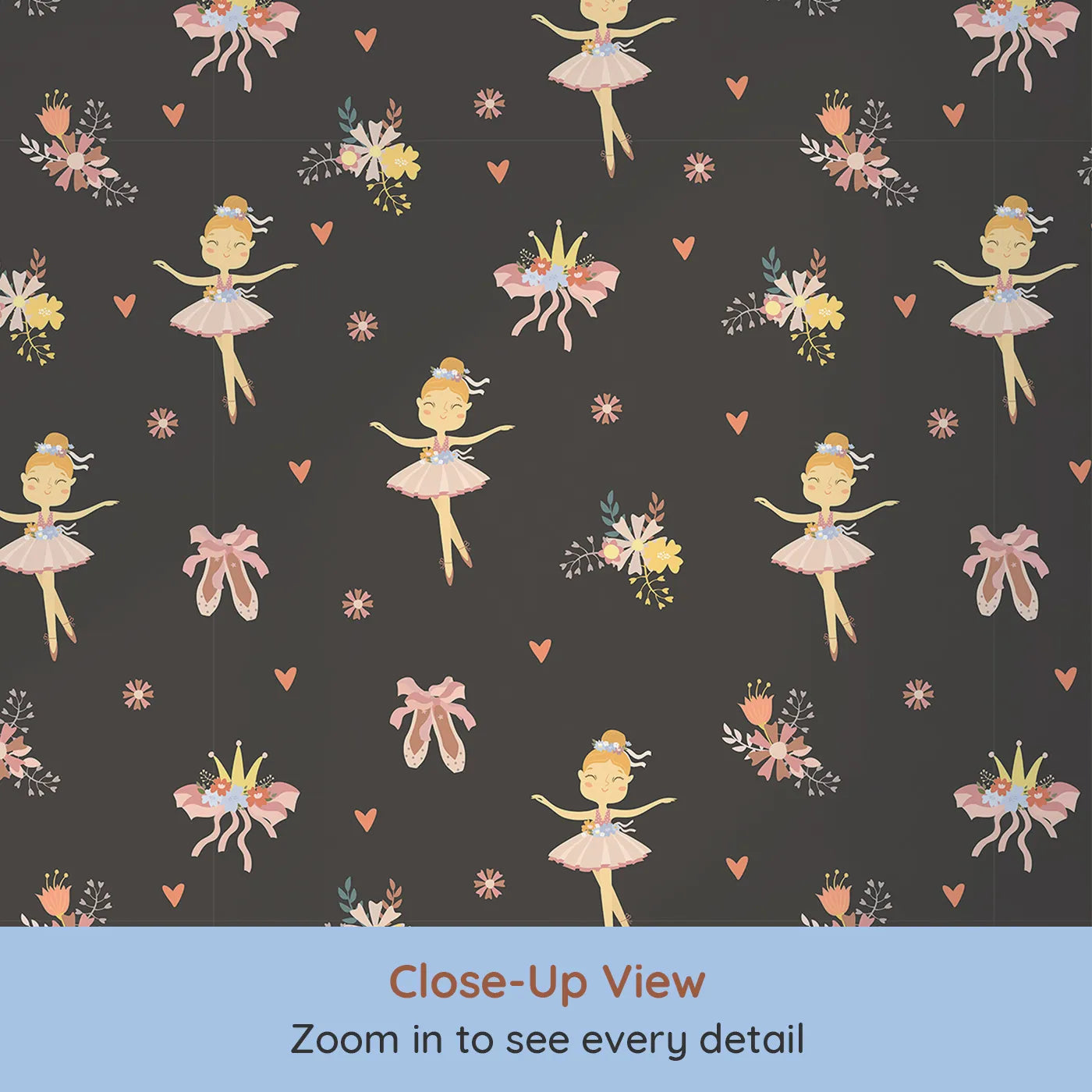 Close-up view of Whimsy Tots' Blush Ballerina Dreams Wallpaper in Twilight Rehearsal (W3124D).Blushing tutus twirl softly across a deep twilight stage.