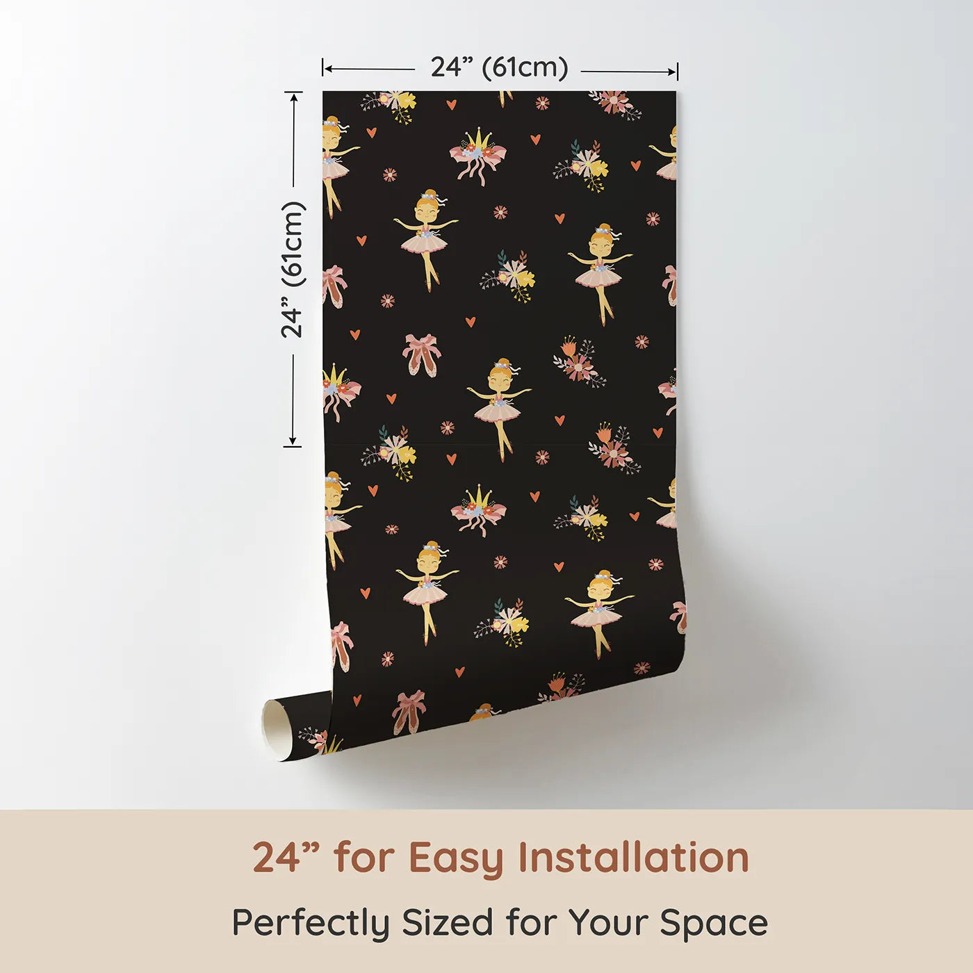 Dimension view of Whimsy Tots Blush Ballerina Dreams Wallpaper in Twilight Rehearsal (W3124D). Printed in 24-inch-wide panel for easy installation. Blushing tutus twirl softly across a deep twilight stage.