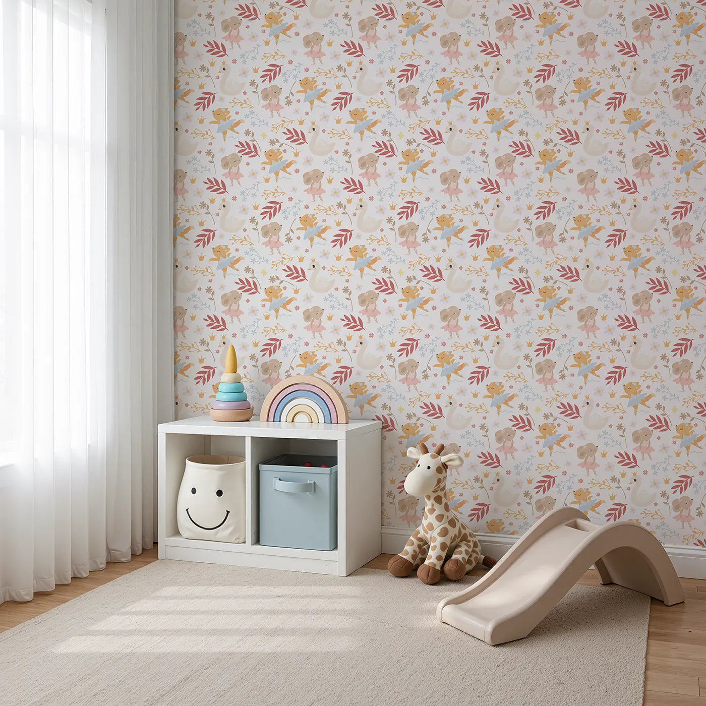 Angled view of Whimsy Tots' Woodland Ballet Parade Wallpaper in Petal Cream (W3125).Dancing animals and gentle florals bring a woodland ballet to life.