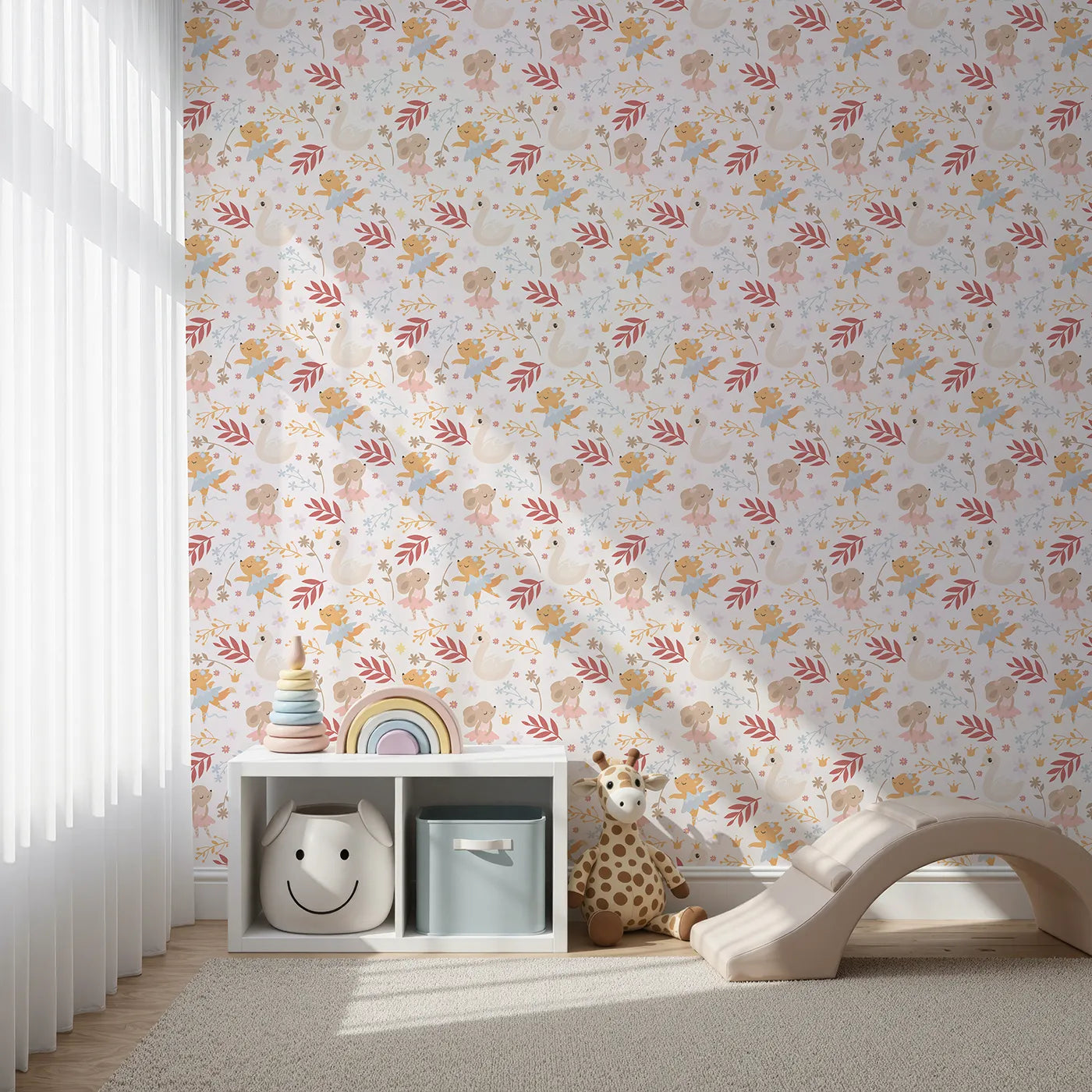 Front view of Whimsy Tots' Woodland Ballet Parade Wallpaper in Petal Cream