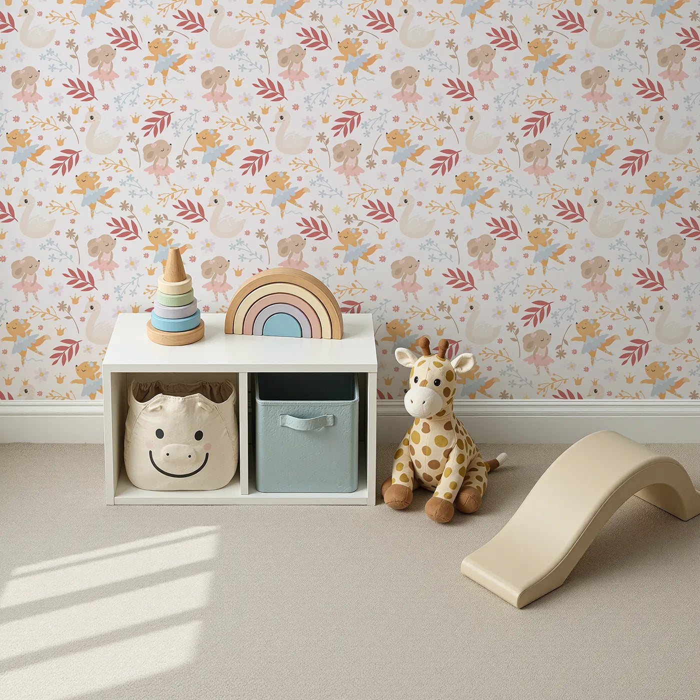 Top-Down view of Whimsy Tots' Woodland Ballet Parade Wallpaper in Petal Cream (W3125).Dancing animals and gentle florals bring a woodland ballet to life.
