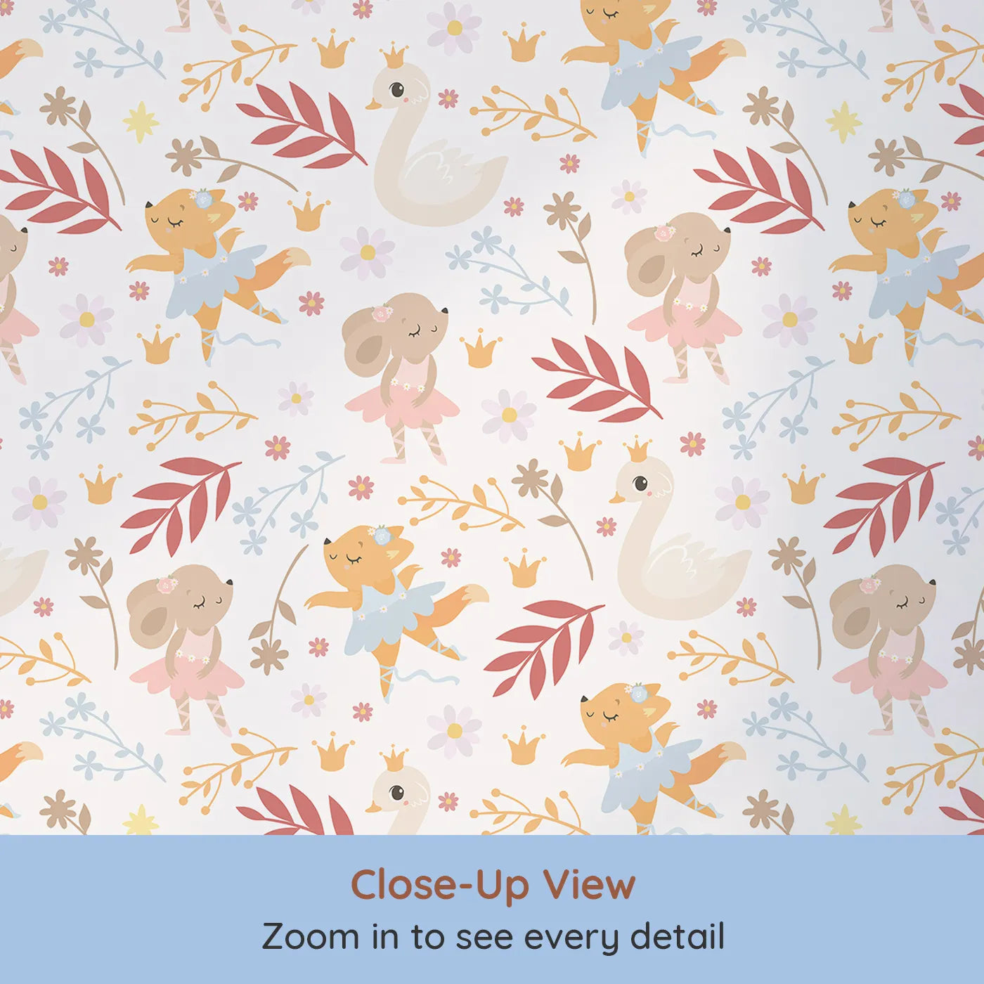 Close-up view of Whimsy Tots' Woodland Ballet Parade Wallpaper in Petal Cream (W3125).Dancing animals and gentle florals bring a woodland ballet to life.